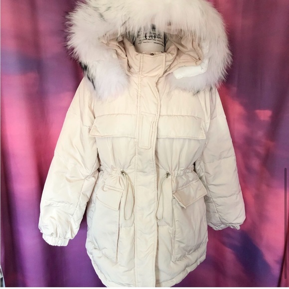 Coat down genuine fox fur hood pocket cream beige women - Picture 9 of 10